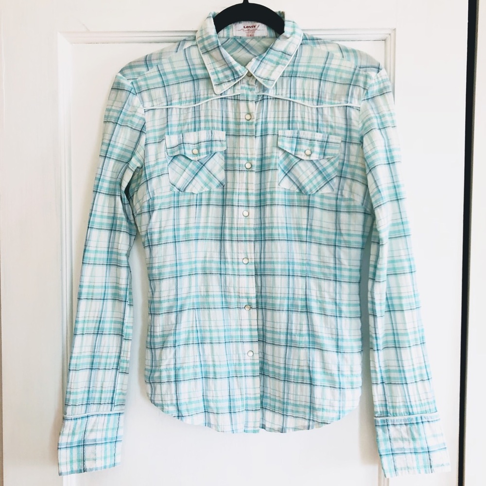 Levi’s White Green Blue Collared Plaid Print Shirt